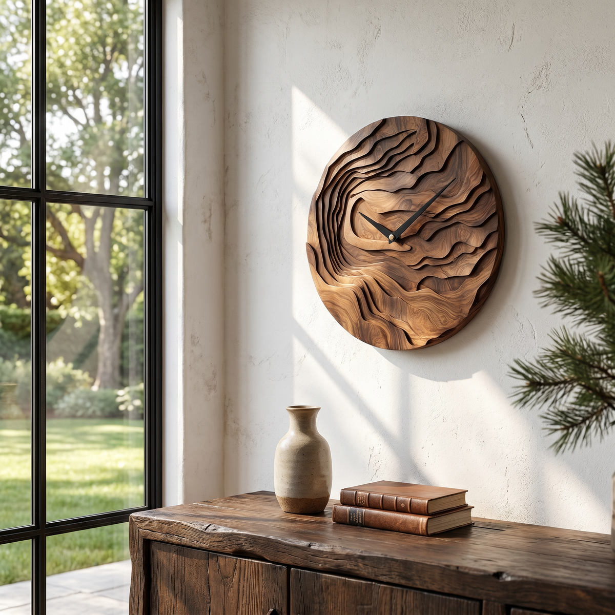 Rustic Wood Wall Clock with Hand Carved Organic Pattern for Living Room - view 7