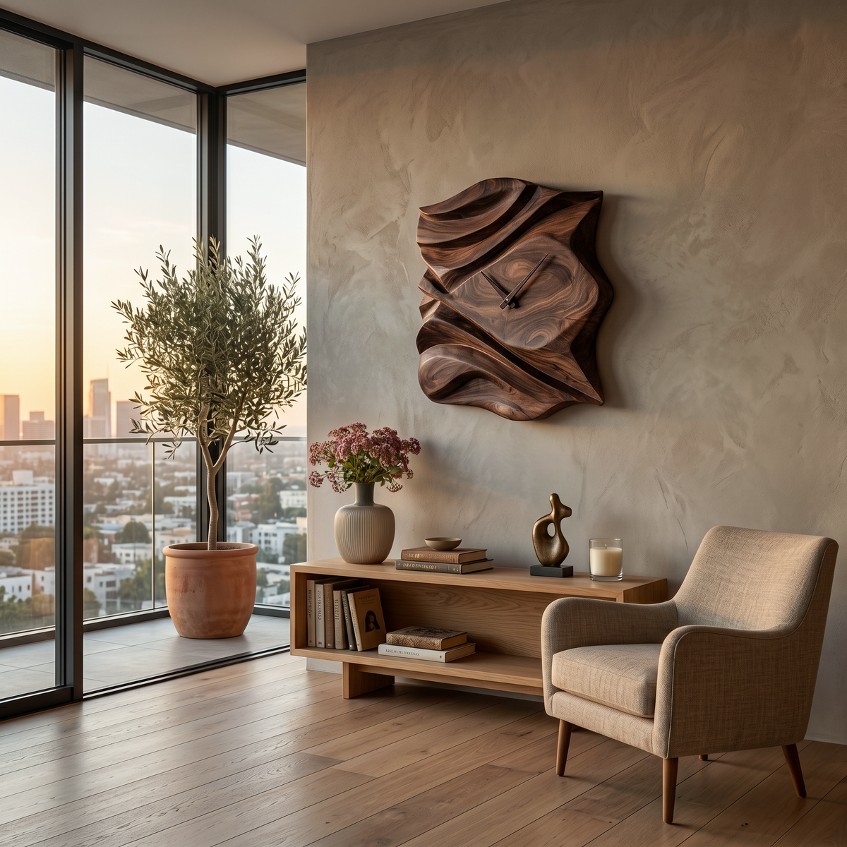 Contemporary Wooden Wall Clock, Hand-Carved Abstract Wave Wood Accent Clock - view 7