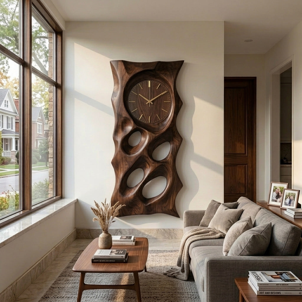 Modern Organic Wooden Wall Clock, 3D Hand-Carved Hollow Wood Hanging Clock - view 7