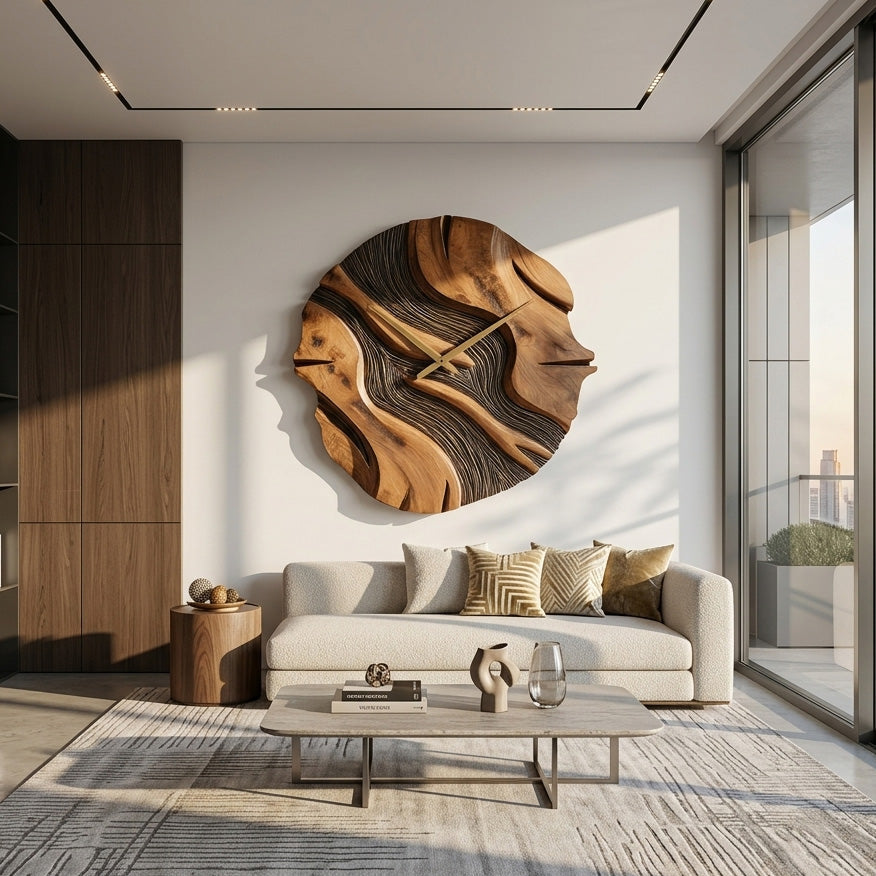 Organic Sculptural Wooden Wall Clock, Modern Abstract Hand-Carved Wood Clock - view 3