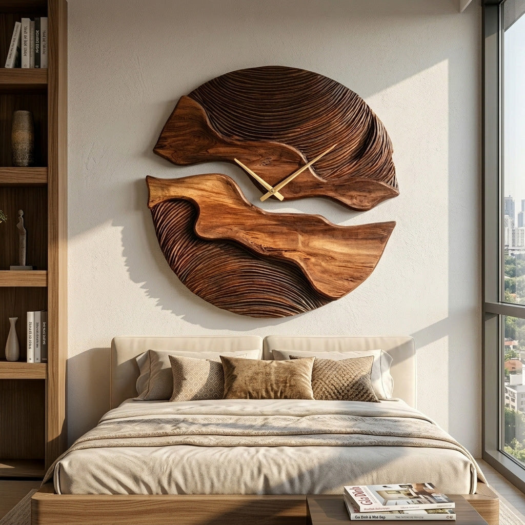 Organic Wooden Wall Clock, Handcrafted Unique Shape Solid Wood Timepiece - view 2
