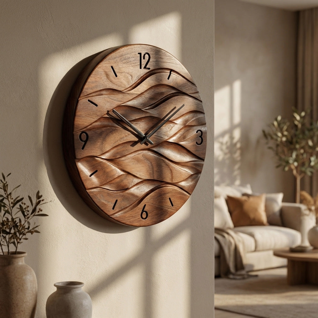 Organic Modern Wood Wave Wall Clock, 3D Hand-Carved Fluid Abstract Clock - view 4