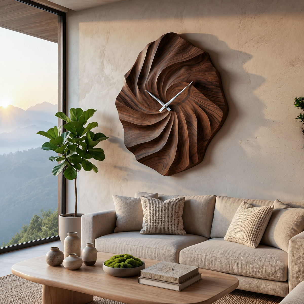 Artistic Wooden Wall Clock, Hand-Carved Ocean Wave 3D Wood Clock - view 7