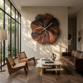Contemporary Floral Wooden Wall Clock, Handcrafted Flower Shape Solid Wood Timepiece