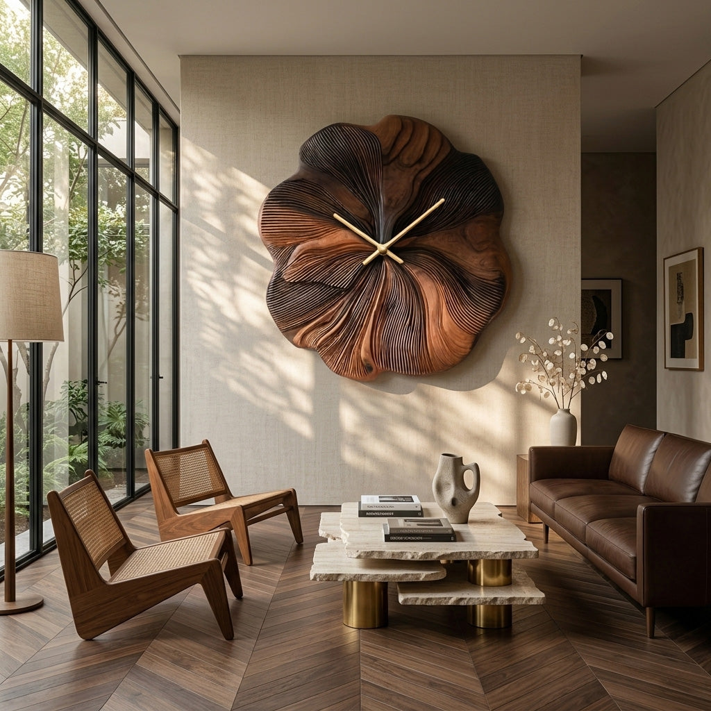 Contemporary Floral Wooden Wall Clock, Handcrafted Flower Shape Solid Wood Timepiece