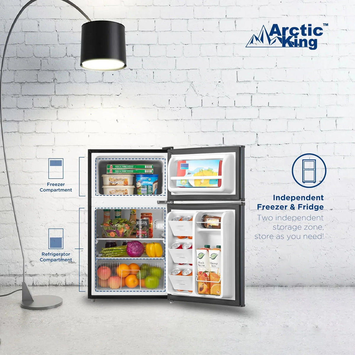 Arctic King Two-Door Mini Fridge With Freezer, 3.2 Cu. Ft., Stainless Steel
