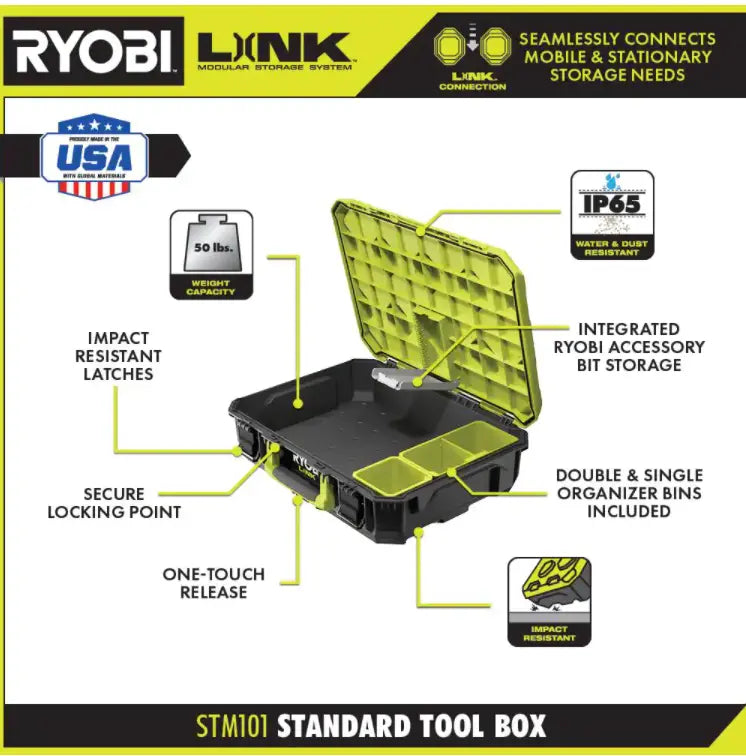 RYOBI LINK Modular Tool Storage Set, Rolling, Medium And Standard Tool Boxes, Green - STM201 STM102 STM101