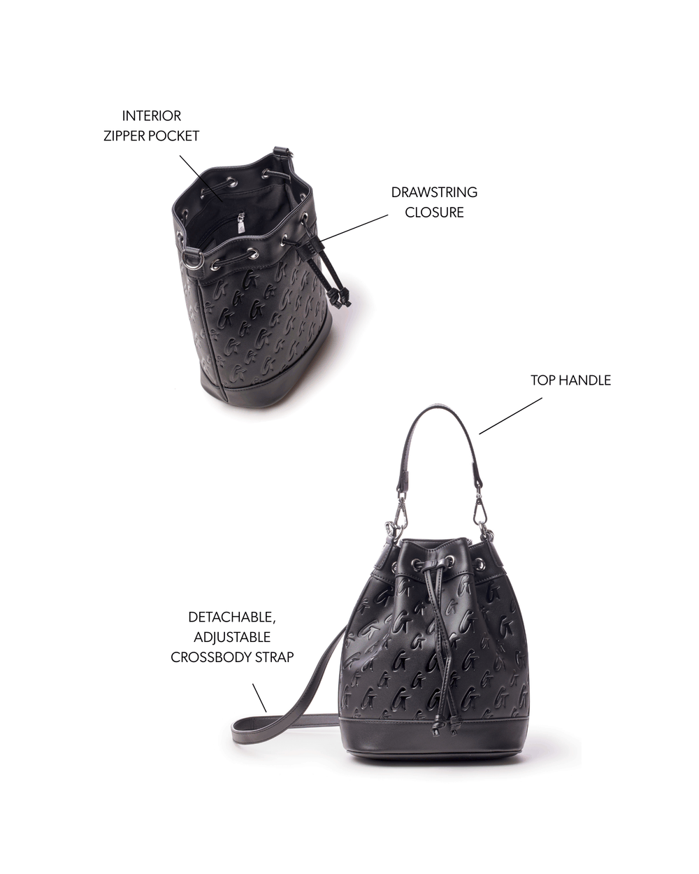 Medium Vegan Leather Bucket Bag - Black