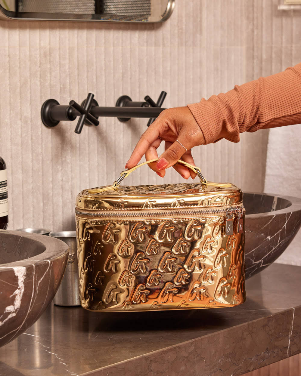 Large Metallic Vegan Leather Toiletry Bag - Gold