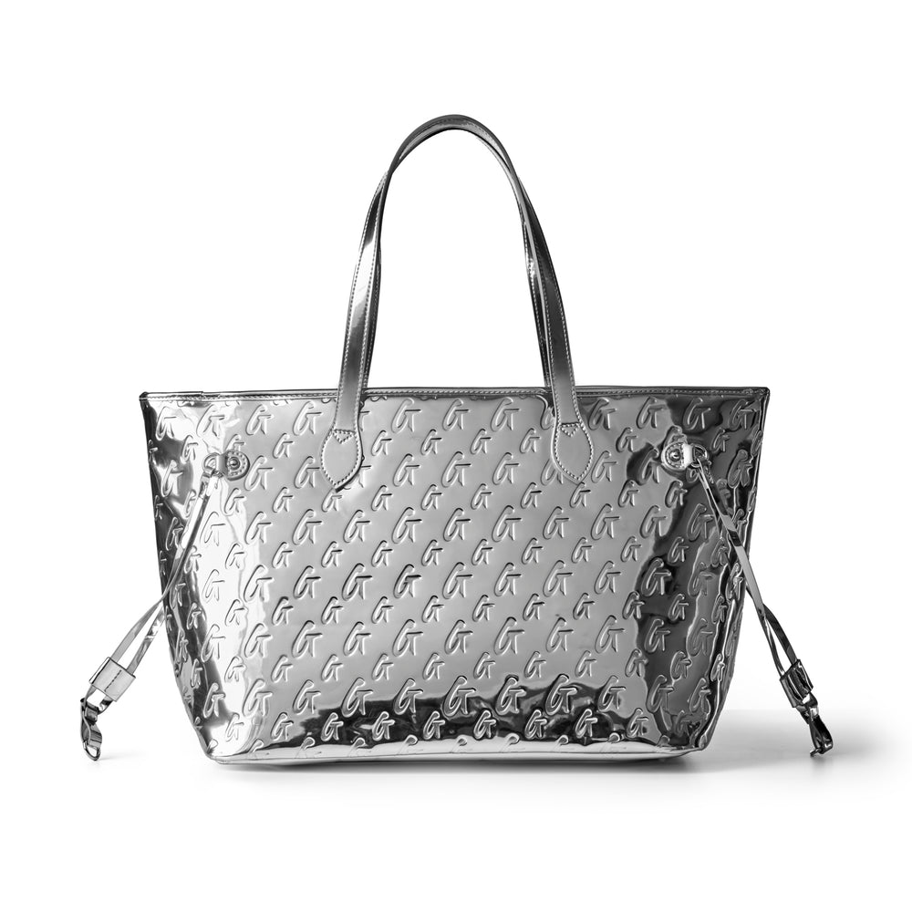 Metallic Vegan Leather Laptop Tote - Silver