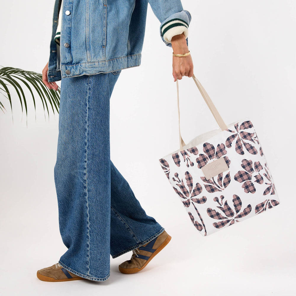 Reversible Open Top Tote - Floral Check