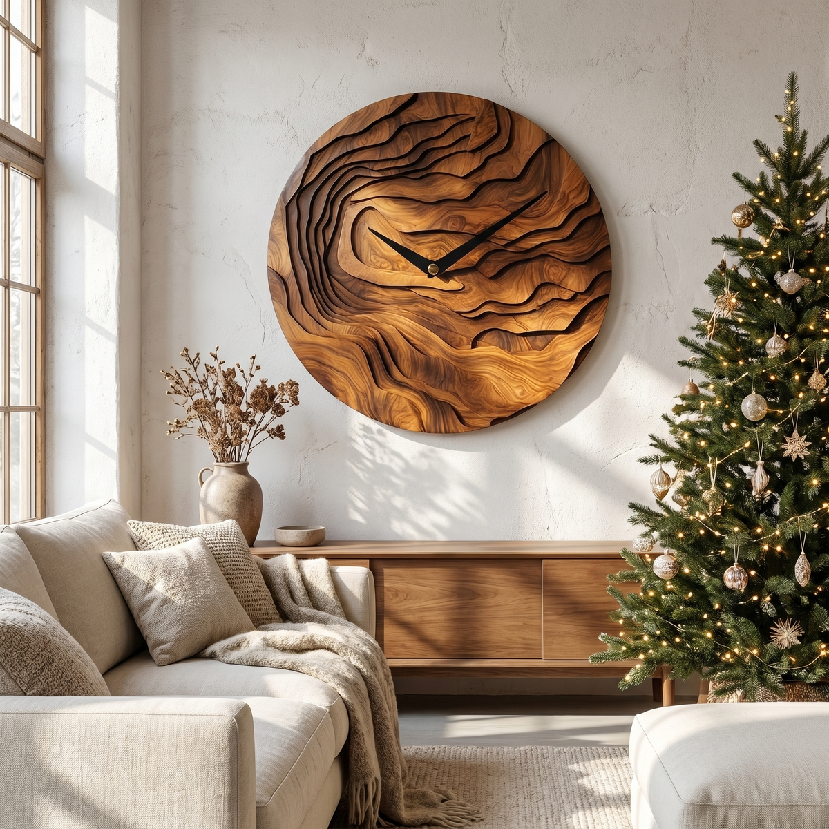 Rustic Wood Wall Clock with Hand Carved Organic Pattern for Living Room - view 6