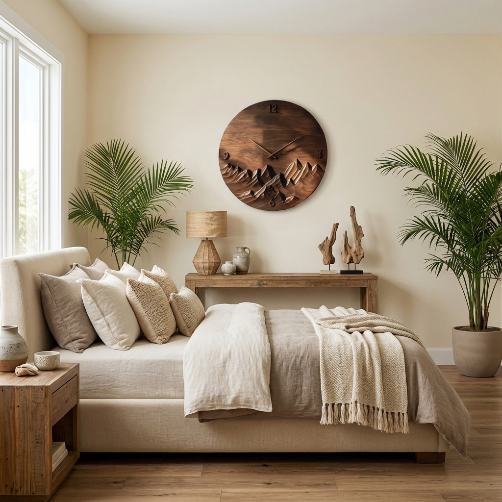 Modern Wall Clock Mountain Landscape, Handcrafted Wooden Hanging Art Timepiece - view 4