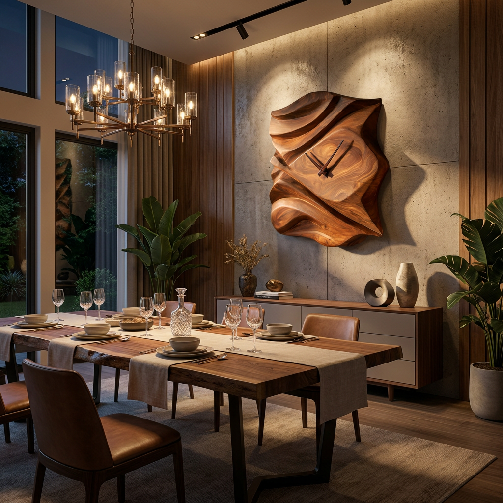 Contemporary Wooden Wall Clock, Hand-Carved Abstract Wave Wood Accent Clock - view 6