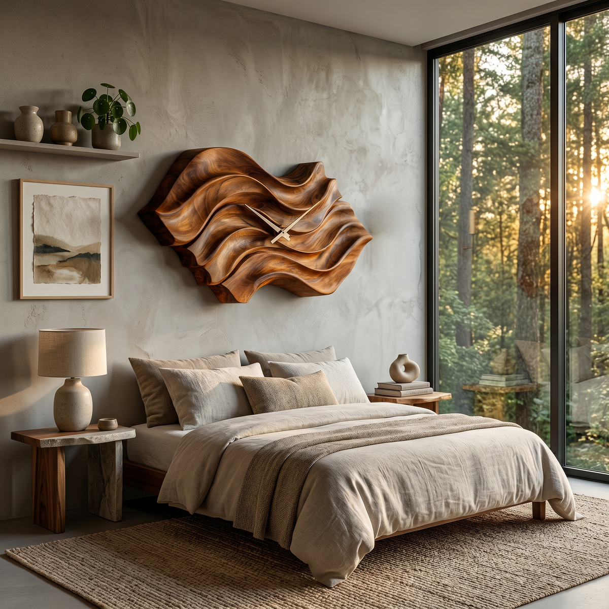 Modern Wooden Wall Clock, Organic Wavy Shape Solid Wood Quiet Timepiece - view 6