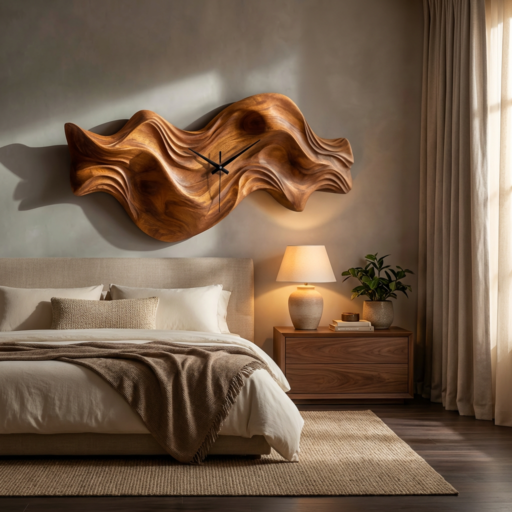 Modern Wooden Wall Clock, Organic Wave Solid Wood Hanging Art Timepiece - view 6