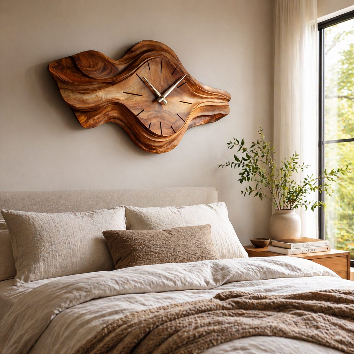 Organic Wooden Wall Clock, Sculptural Wave Design Wood Clock for Bedroom - view 6