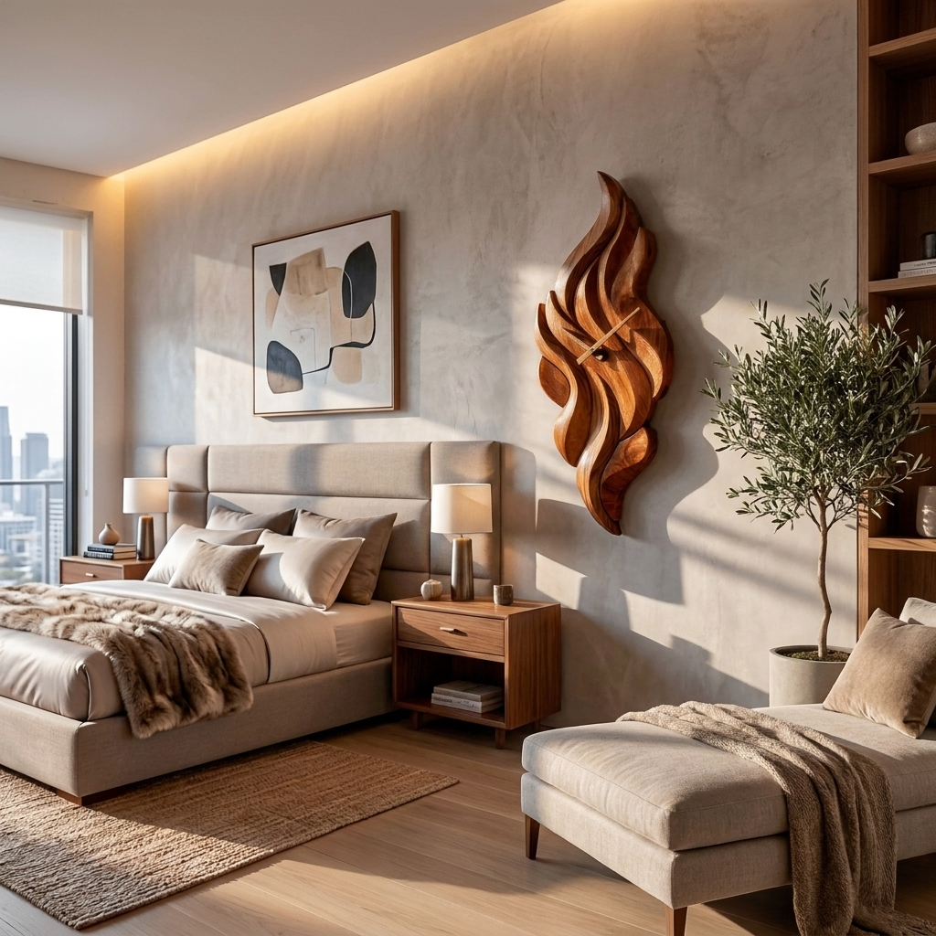 Modern Wooden Wall Clock with Sculptural Wave Carving - view 6