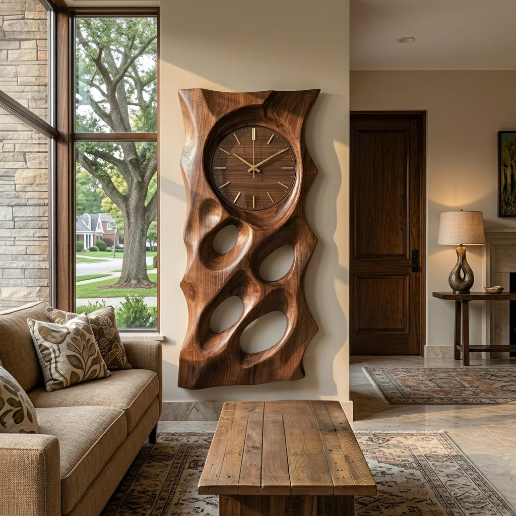 Modern Organic Wooden Wall Clock, 3D Hand-Carved Hollow Wood Hanging Clock - view 6