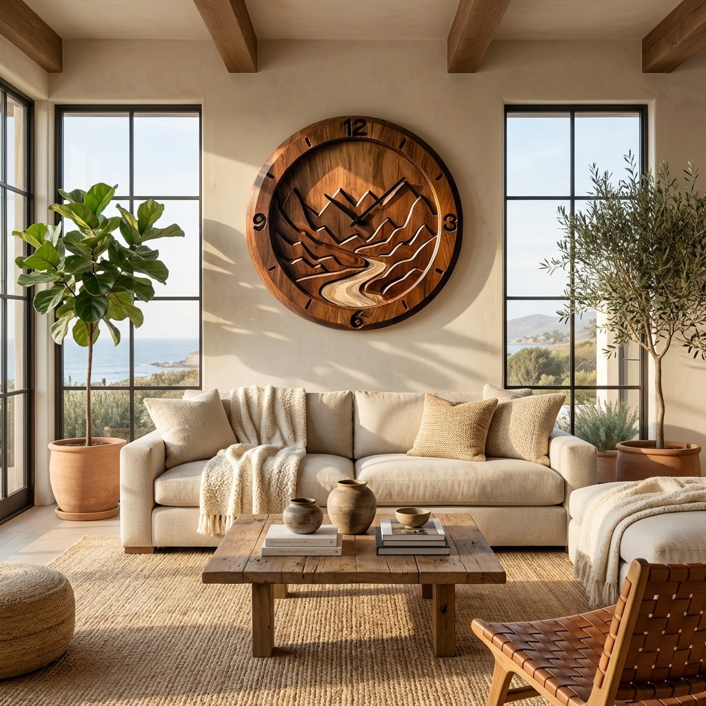 Rustic Wood Wall Clock, Mountain Landscape 3D Hand-Carved Nature Scene Wooden Clock - view 4