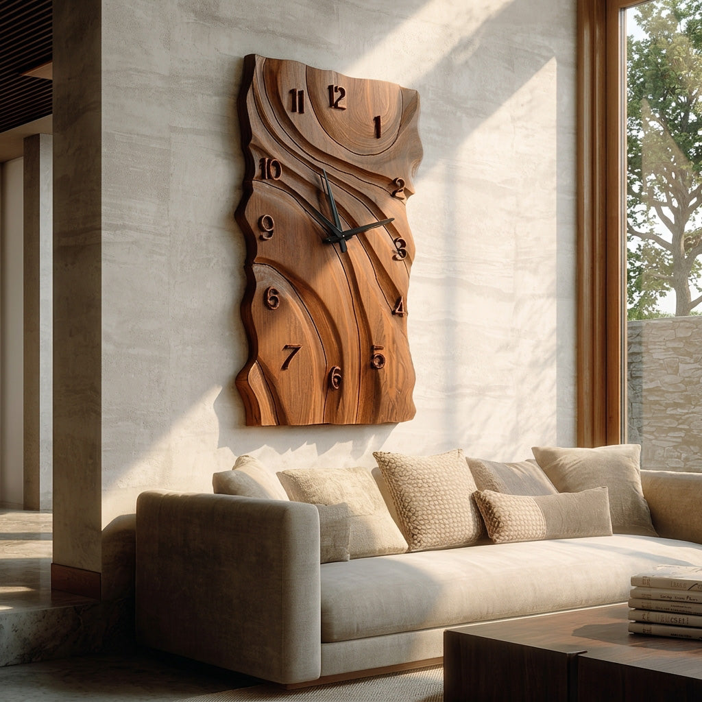 Rustic Wooden Wall Clock, Hand-Carved Abstract Geometric Design Wood Clock - view 6