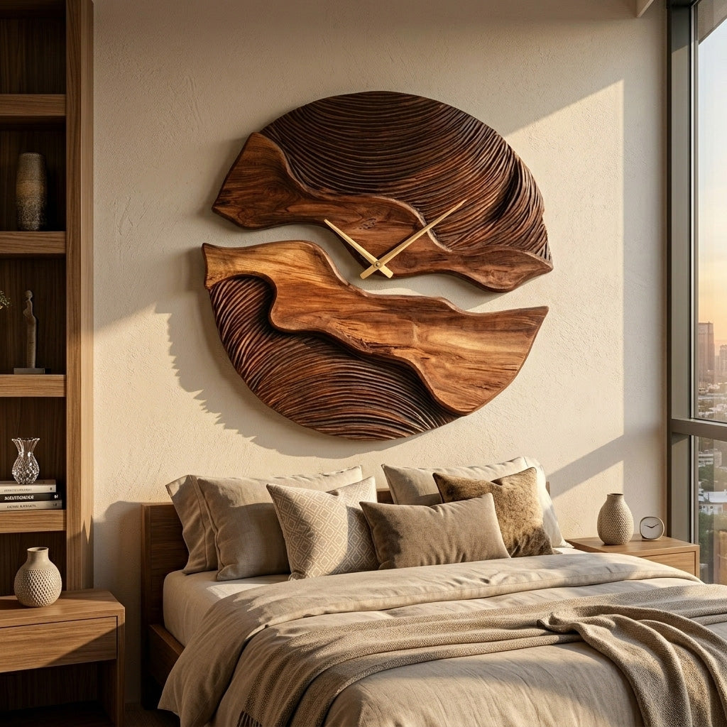 Organic Wooden Wall Clock, Handcrafted Unique Shape Solid Wood Timepiece - view 6