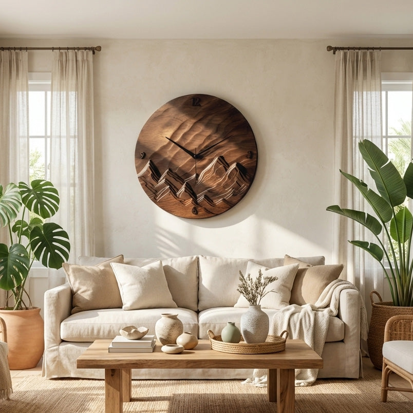Rustic Wood Landscape Wall Clock, Handcrafted Nature Inspired Wooden Timepiece - view 3