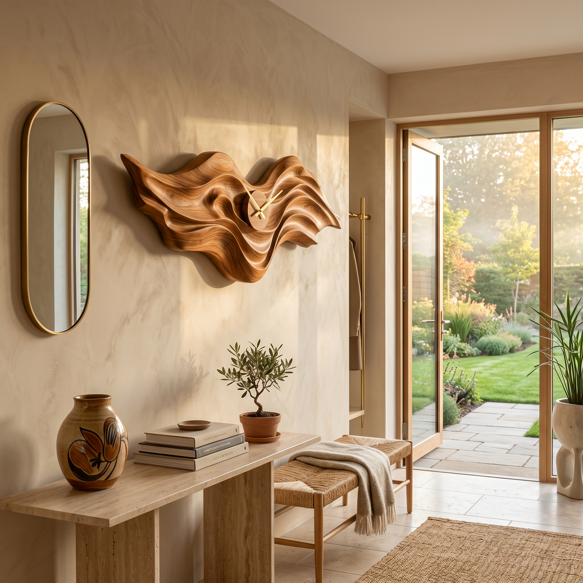 Organic Wood Wall Clock with Wave Sculpture for Living Interior - view 6