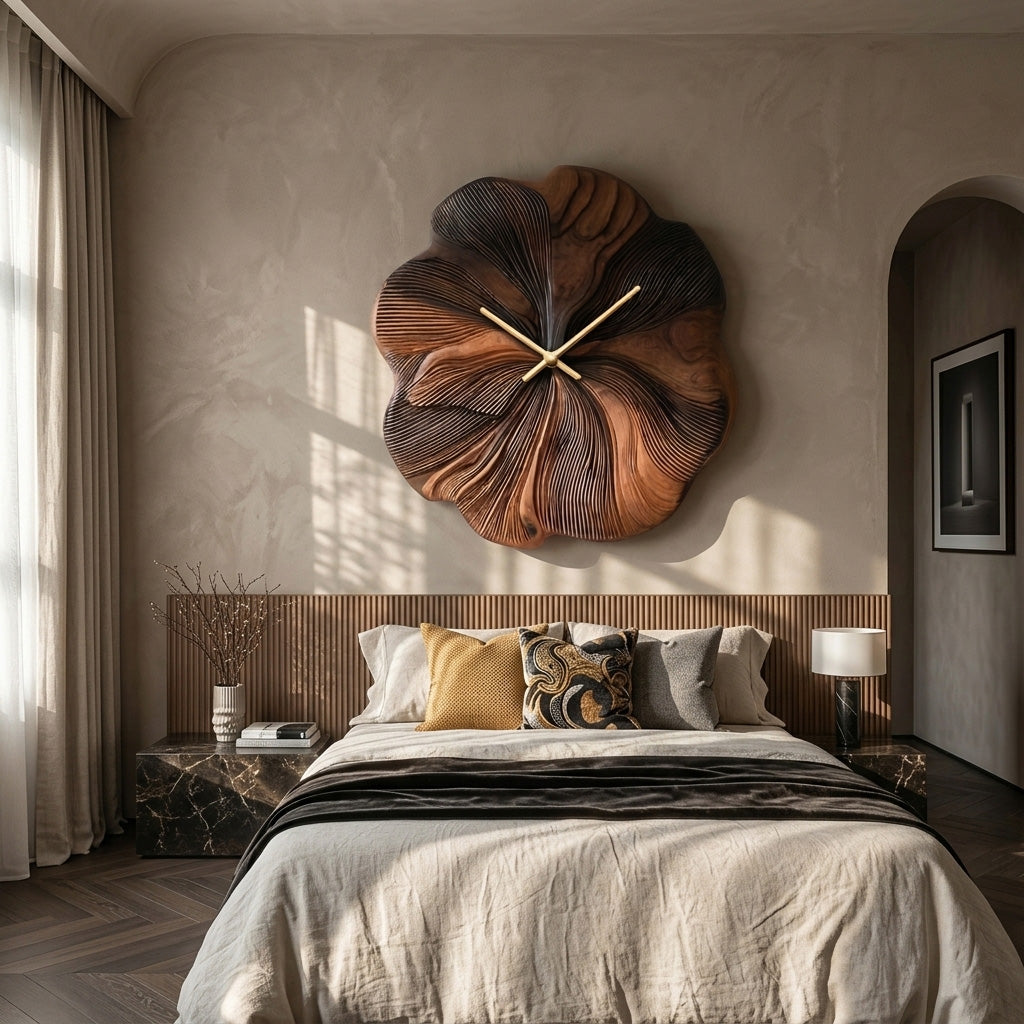 Contemporary Floral Wooden Wall Clock, Handcrafted Flower Shape Solid Wood Timepiece - view 4