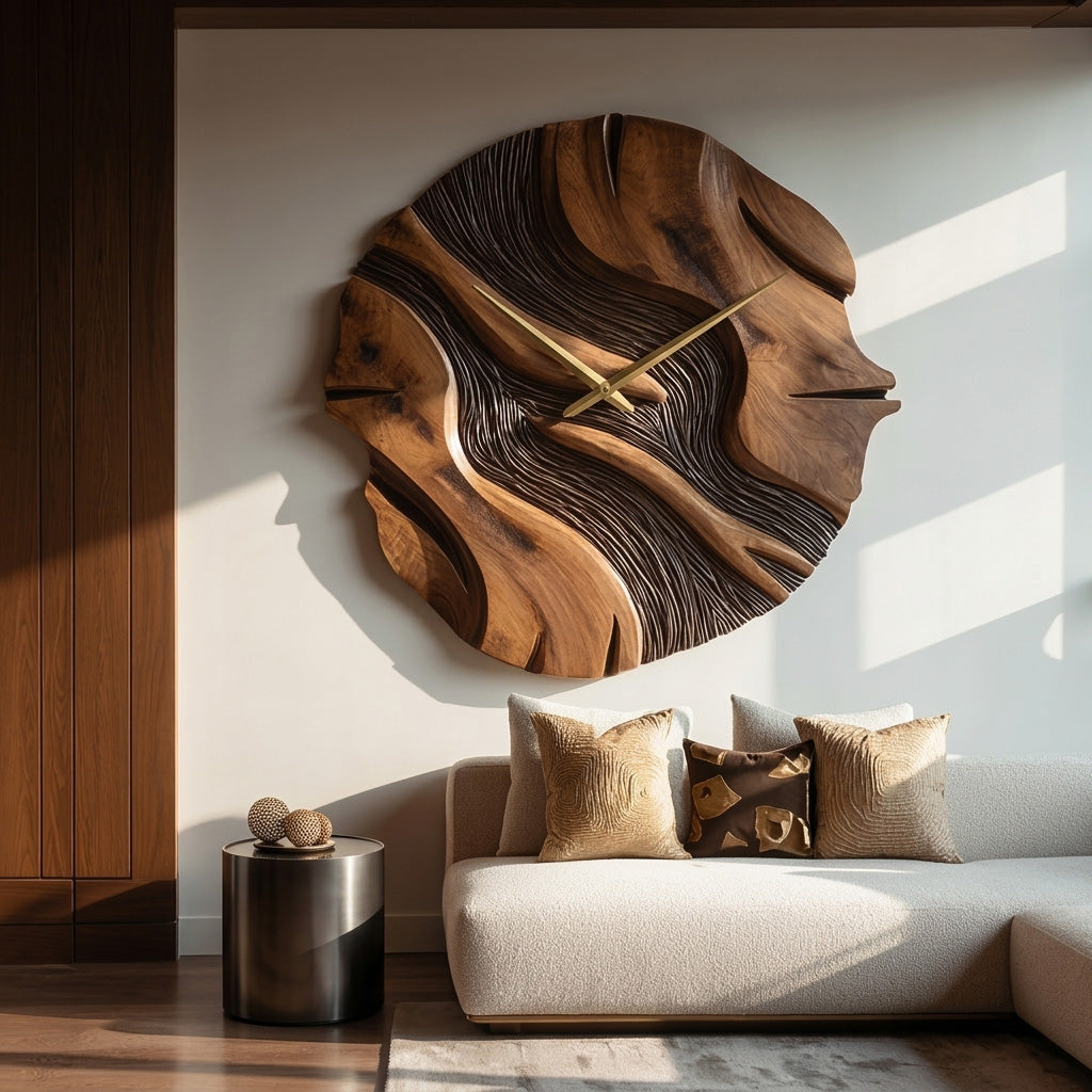 Organic Sculptural Wooden Wall Clock, Modern Abstract Hand-Carved Wood Clock - view 6