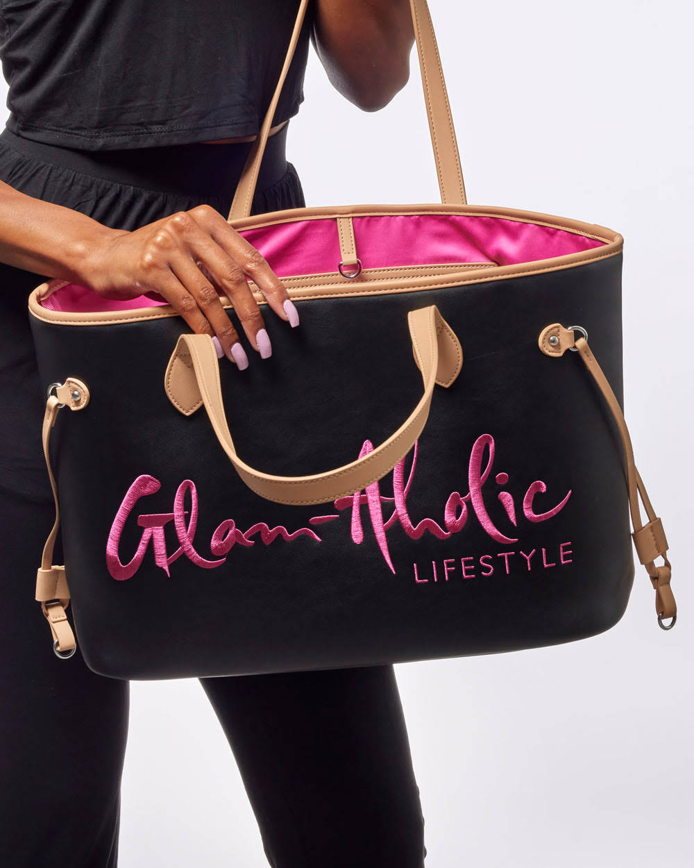 Vegan Leather Laptop Tote With Pouch - Black Pink