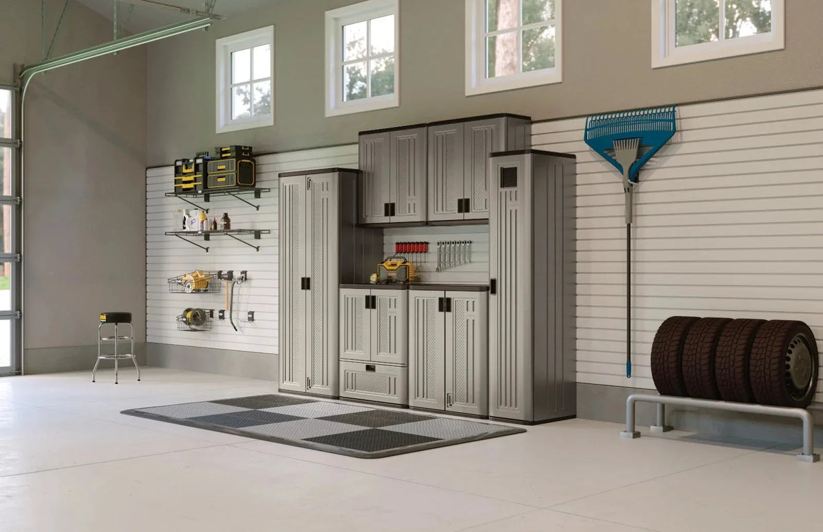 Suncast Mega Tall Resin Outdoor Storage Cabinet With 3 Shelves, Platinum Metallic