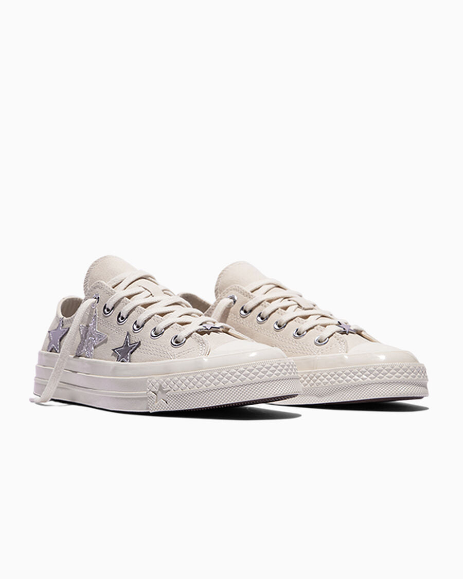 Canvas Low Top Sneaker With Silver Stars - Natural Ivory/Dull Silver