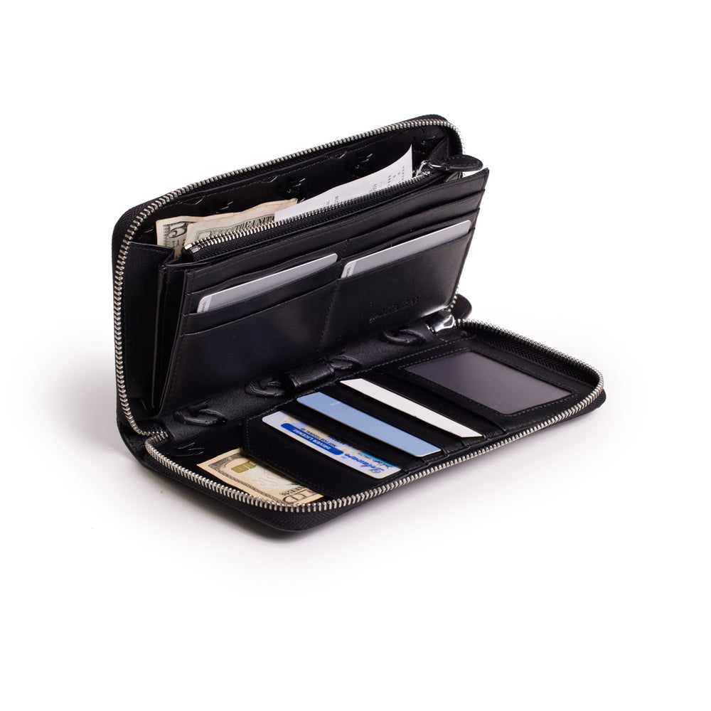 Large Vegan Leather Zip Wallet - Black