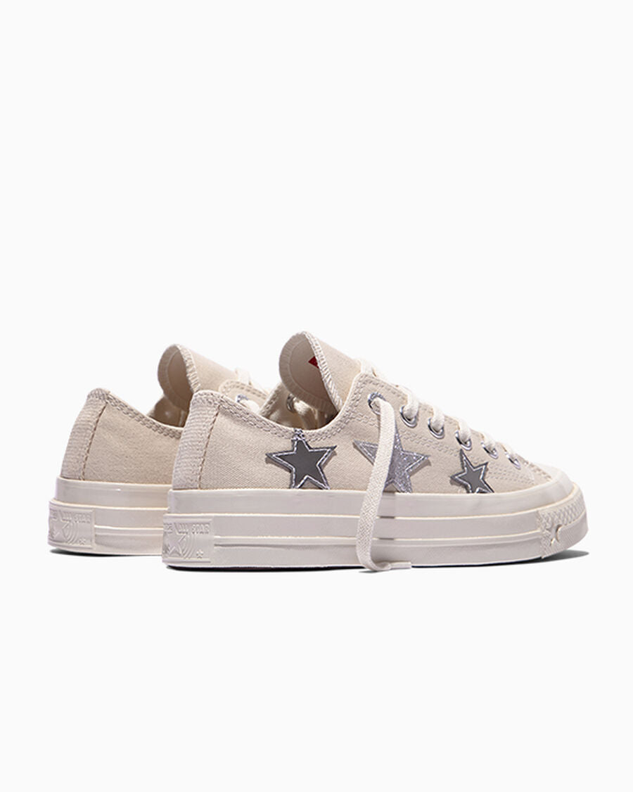 Canvas Low Top Sneaker With Silver Stars - Natural Ivory/Dull Silver