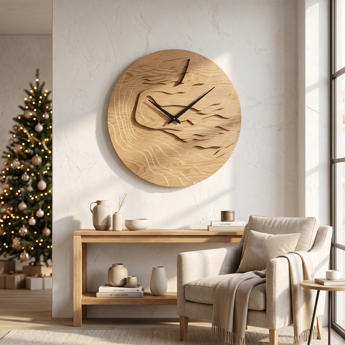 Rustic Wood Wall Clock with Hand Carved Organic Pattern for Living Room - view 5
