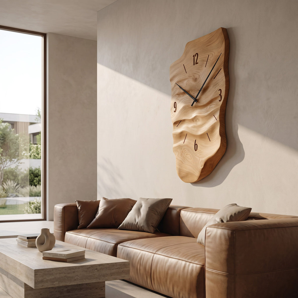 Modern Wall Clock, Carved Wood Circular Abstract Design Hanging Clock - view 4