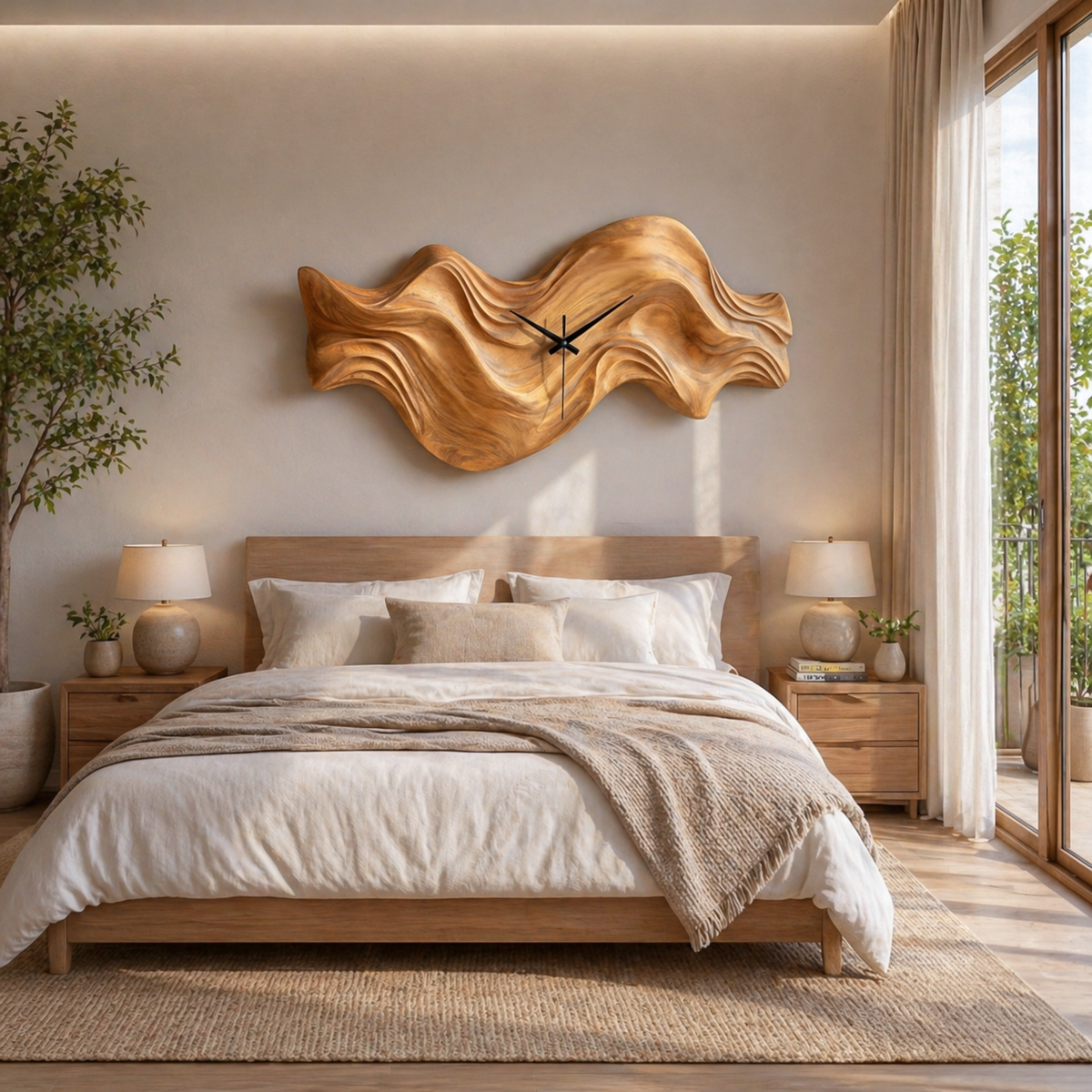 Modern Wooden Wall Clock, Organic Wave Solid Wood Hanging Art Timepiece - view 5