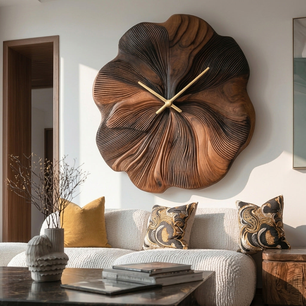 Contemporary Floral Wooden Wall Clock, Handcrafted Flower Shape Solid Wood Timepiece - view 6