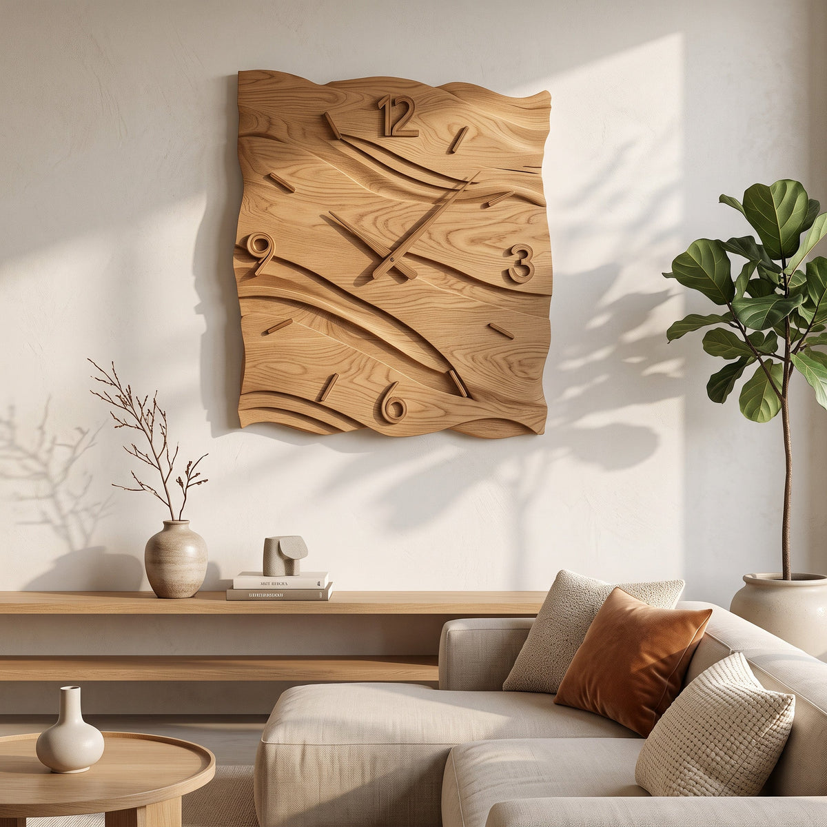 Organic Modern Wood Wave Wall Clock, Handcrafted Solid Wooden Wavy Artistic - view 4