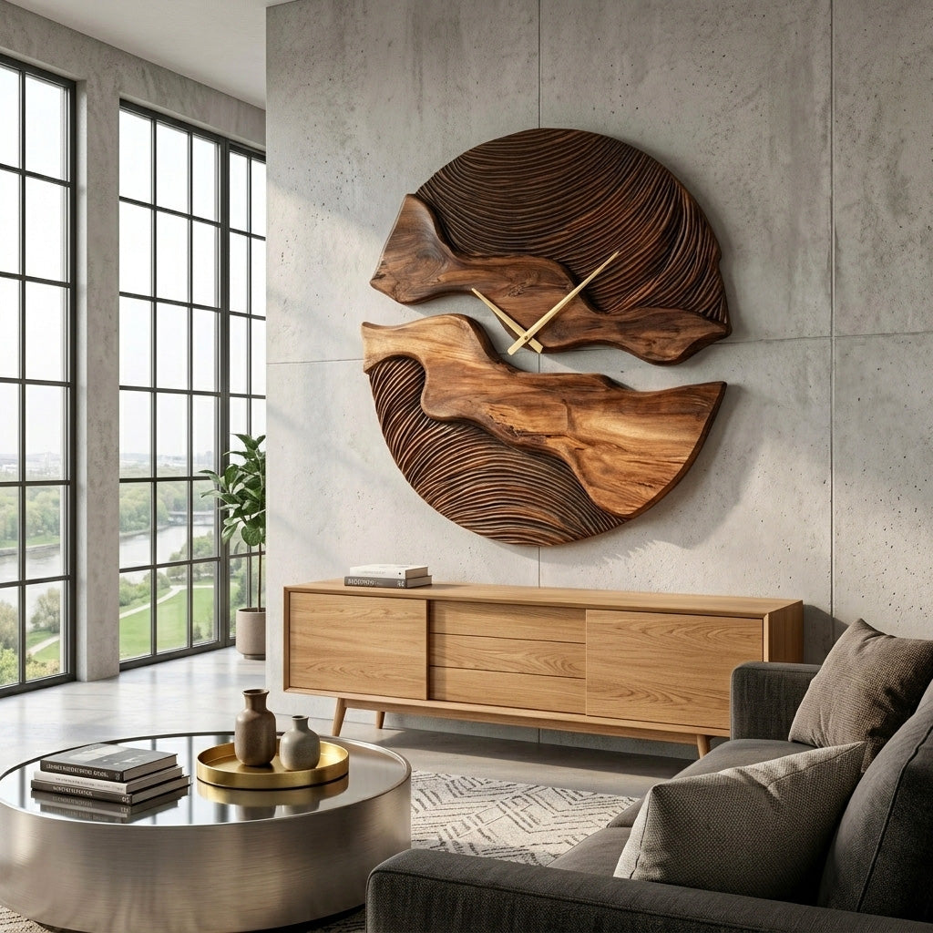 Organic Wooden Wall Clock, Handcrafted Unique Shape Solid Wood Timepiece - view 3