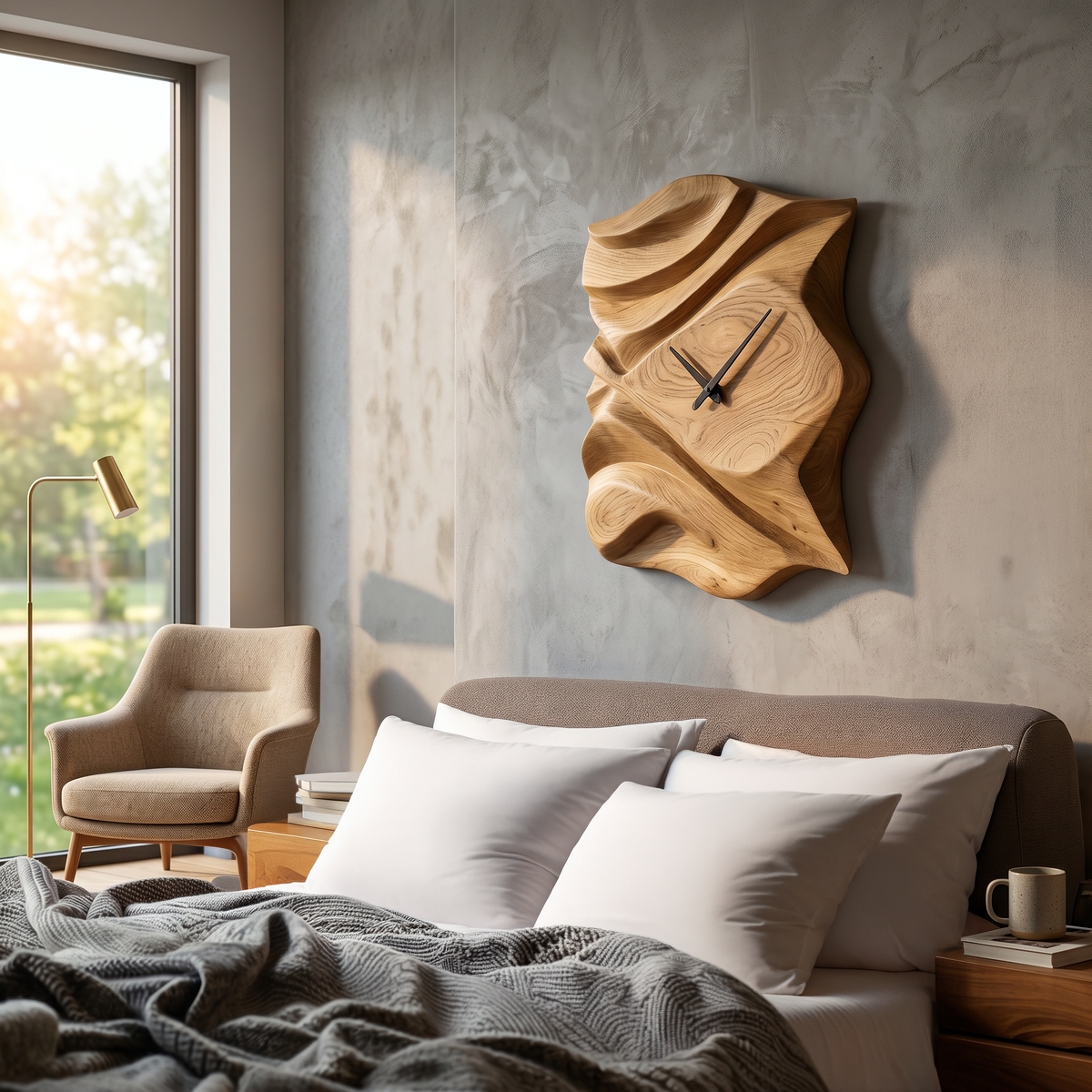 Contemporary Wooden Wall Clock, Hand-Carved Abstract Wave Wood Accent Clock - view 5