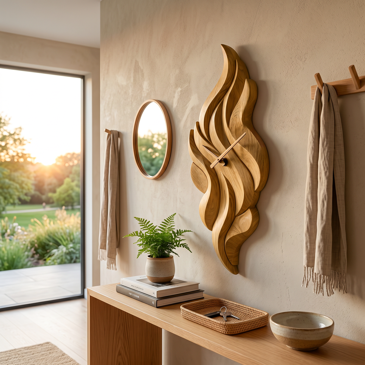 Modern Wooden Wall Clock with Sculptural Wave Carving - view 5