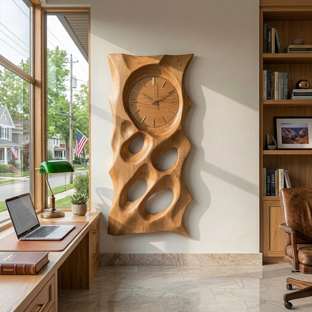 Modern Organic Wooden Wall Clock, 3D Hand-Carved Hollow Wood Hanging Clock - view 5