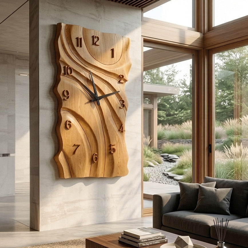 Rustic Wooden Wall Clock, Hand-Carved Abstract Geometric Design Wood Clock - view 5
