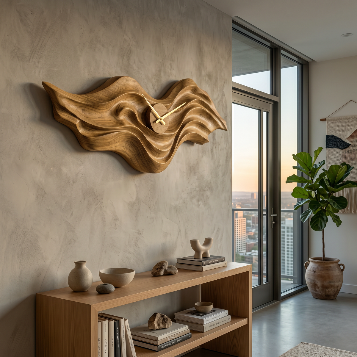 Organic Wood Wall Clock with Wave Sculpture for Living Interior - view 5