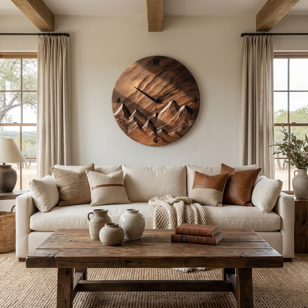 Rustic Wood Landscape Wall Clock, Handcrafted Nature Inspired Wooden Timepiece - view 2