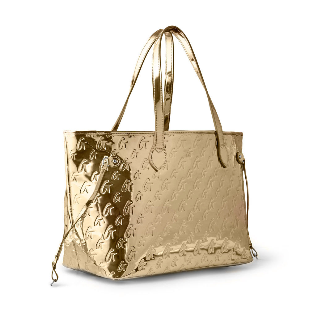 Metallic Vegan Leather Tote With Wristlet - Gold