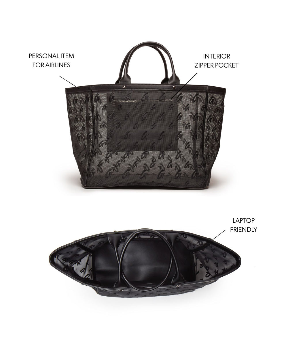 Mesh Tote Bag With Vegan Leather Trim - Black