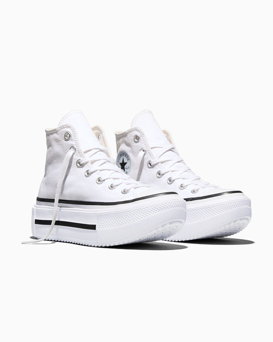 Double-Stack Canvas Platform High Top Sneaker - White/Black/White